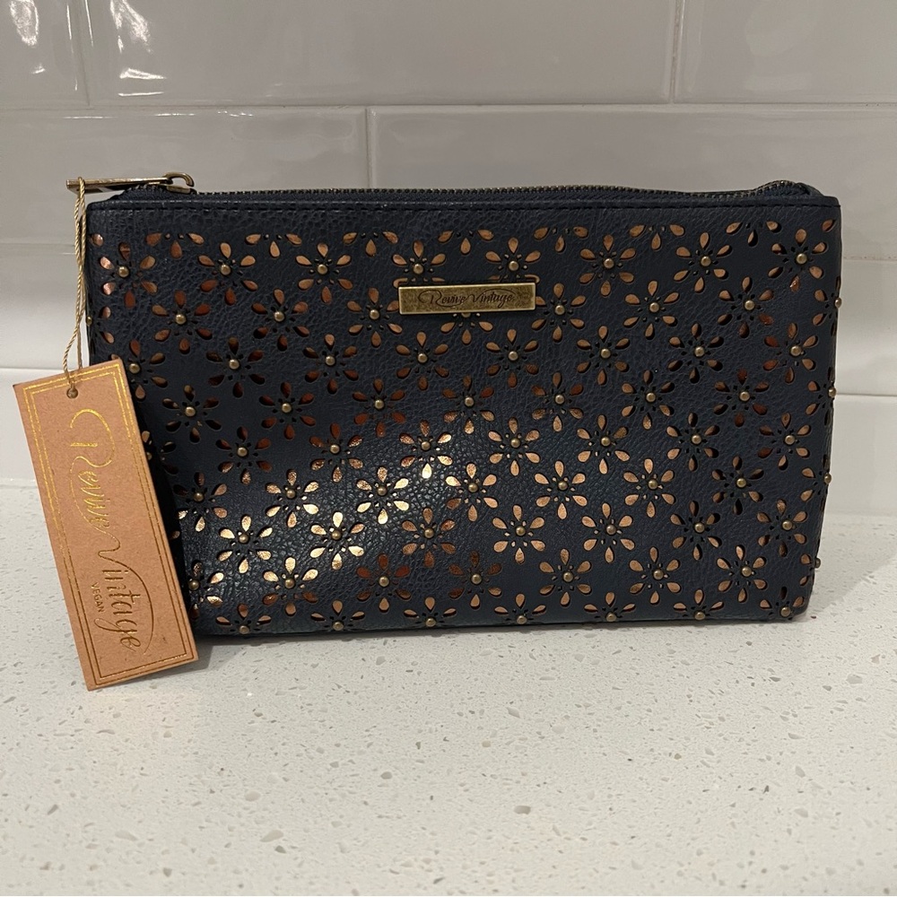 Revive Vintage Vegan Leather Navy Cosmetic Bag w/Rose Gold Floral Beaded Design